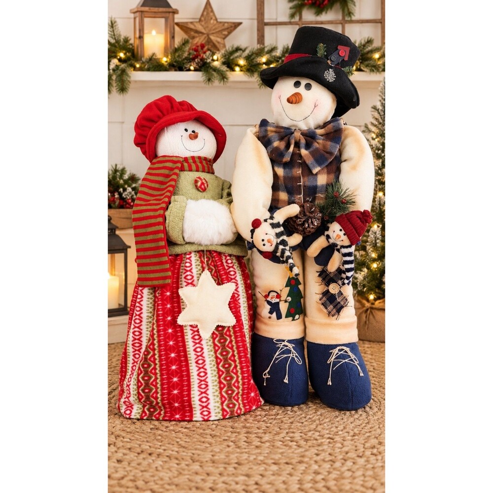 Large Christmas Snowman Couple Plush Holiday Decor Set Rustic Winter Figurines